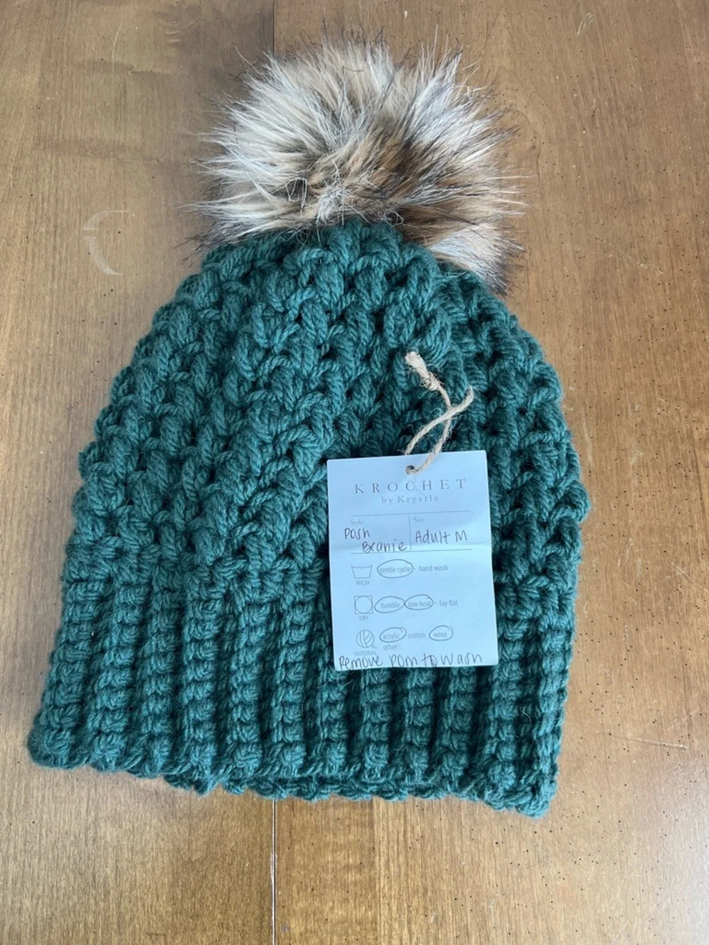 KROCHET by Krystle Handmade Green Knit Beanie w/removable Faux‎ Fur Pom NWT Sz M